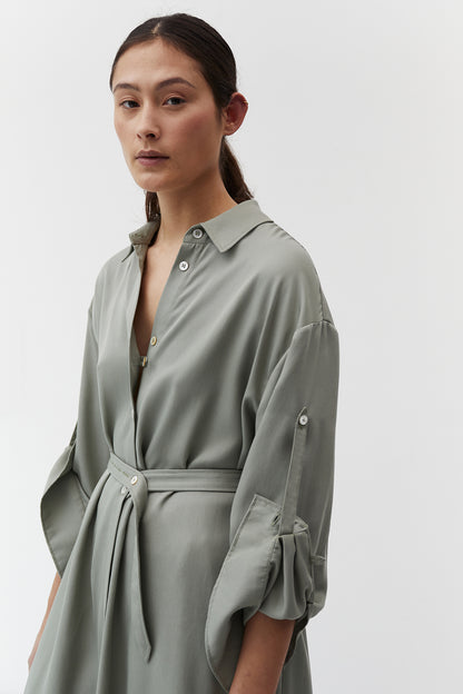 The Array womenswear fashion label london fashion brand workwear womens fashion Womens Belted Shirt Dress in Sage Tencel