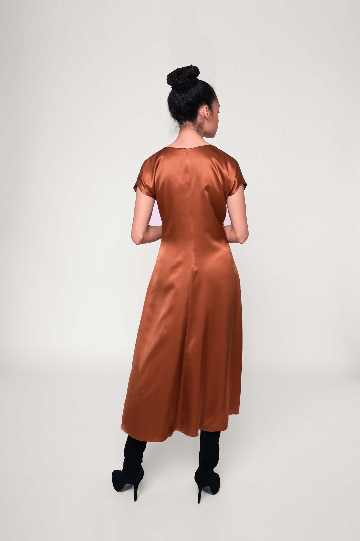 [ 2 ] Midi Dress in Tobacco Silk Crepe Satin